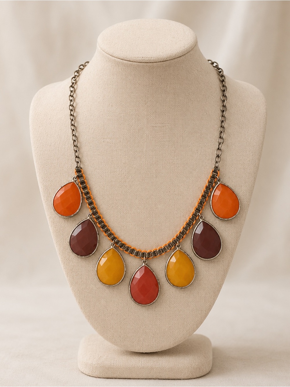 Boho Statement Teardrop Necklace | Orange Mustard Burgundy Gemstone